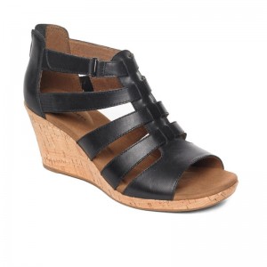 Women Rockport Briah Gladiator Wedge Sandals Black USA | ZA8-42444
