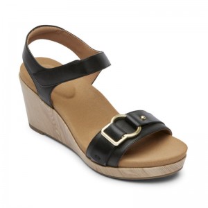 Women Rockport Briah Wedge Sandals Black USA | TY7-09680
